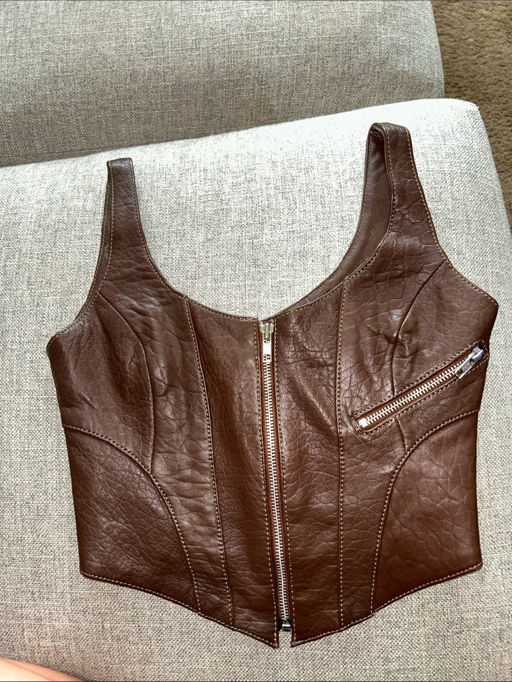 Understated Leather Brown Leather Zip-Front Crop Top